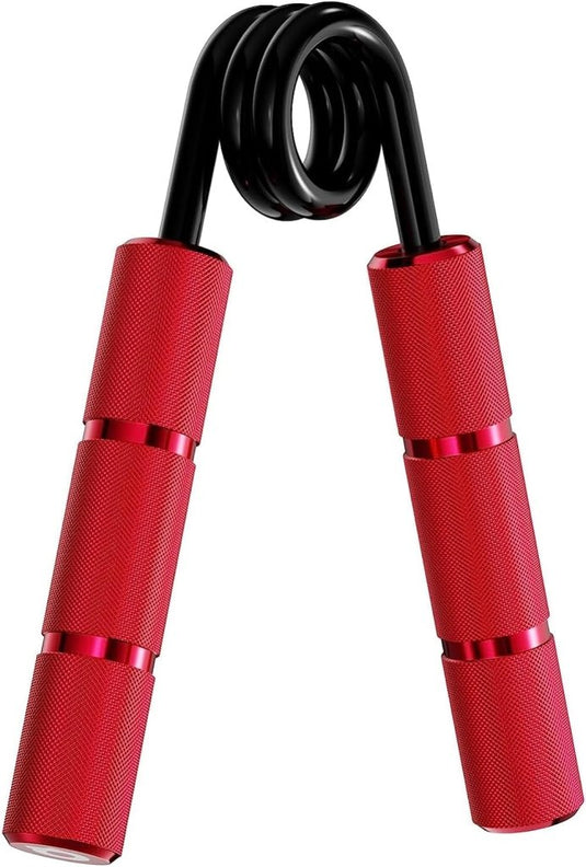 De "Krijg krachtige handen met deze handgrijperset" bestaat uit een rode handgreepversterker met spiraalveer en getextureerde handgrepen, perfect voor het verbeteren van de gripkracht of voor revalidatieoefeningen.