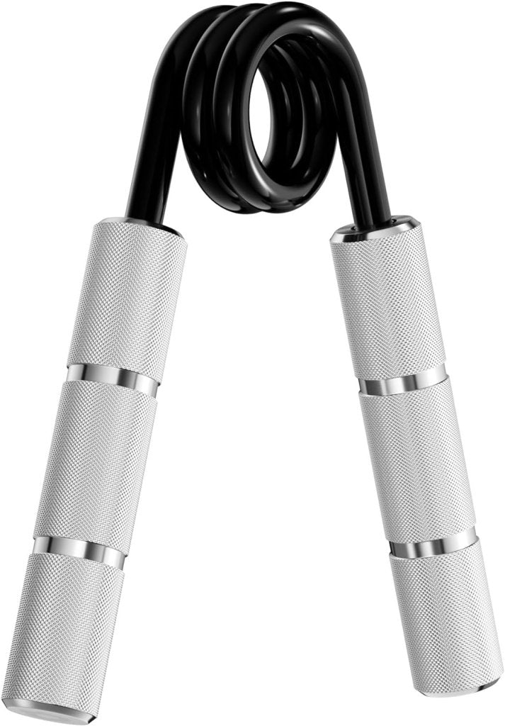 Laad afbeelding in Galerijviewer, Een handgreepset met zilveren handgrepen en een zwarte spiraalveer, ideaal voor grijpkrachtoefeningen en revalidatie om de kracht te vergroten. Product: Krijg krachtige handen met deze handgreepset.
