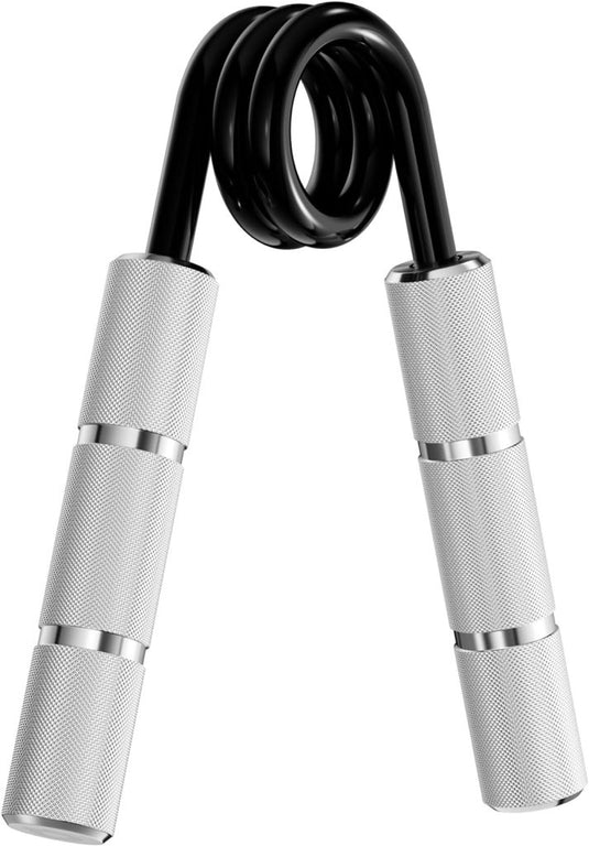 Een handgreepset met zilveren handgrepen en een zwarte spiraalveer, ideaal voor grijpkrachtoefeningen en revalidatie om de kracht te vergroten. Product: Krijg krachtige handen met deze handgreepset.