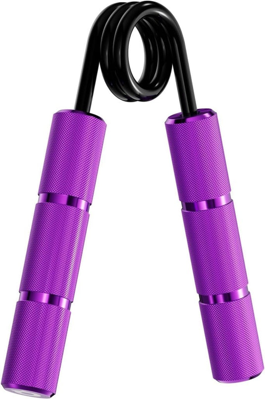 De "Krijg krachtige handen met deze handgrijperset" bestaat uit een paarse handgreep met getextureerde handgrepen en een zwart metalen veer, perfect voor het verbeteren van revalidatie en gripkracht.
