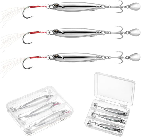 Metalen visspinners 3 stuks 7,8 cm en 30 gram met veren en reflecterende bladen – makreelaas – zeeviskunstaas - happygetfit.com