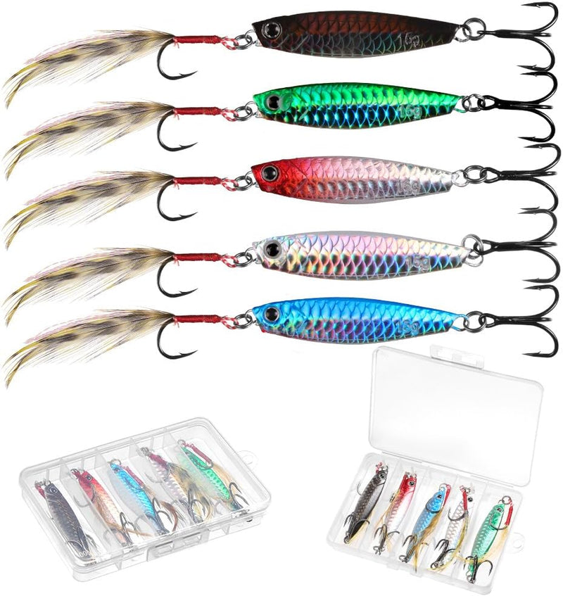 Załaduj obraz w przeglądarce galerii, Metalen visspinners 3 stuks 7,8 cm en 30 gram met veren en reflecterende bladen – makreelaas – zeeviskunstaas - happygetfit.com
