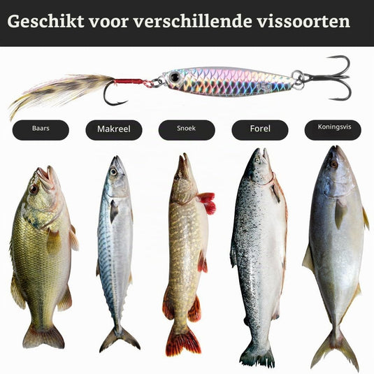 Metalen visspinners 3 stuks 7,8 cm en 30 gram met veren en reflecterende bladen – makreelaas – zeeviskunstaas - happygetfit.com