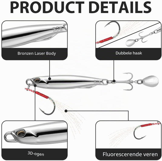 Metalen visspinners 3 stuks 7,8 cm en 30 gram met veren en reflecterende bladen – makreelaas – zeeviskunstaas - happygetfit.com