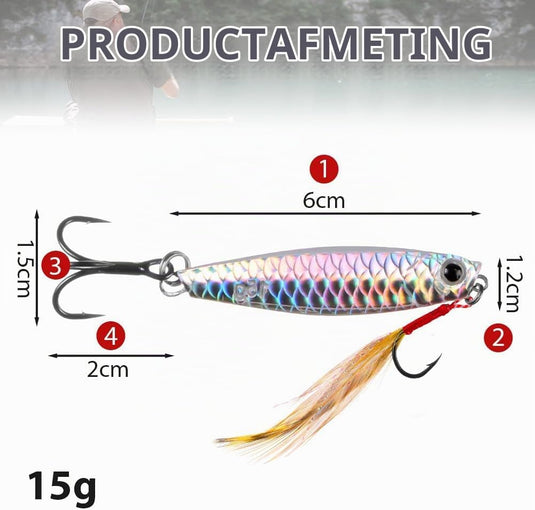 Metalen visspinners 3 stuks 7,8 cm en 30 gram met veren en reflecterende bladen – makreelaas – zeeviskunstaas - happygetfit.com