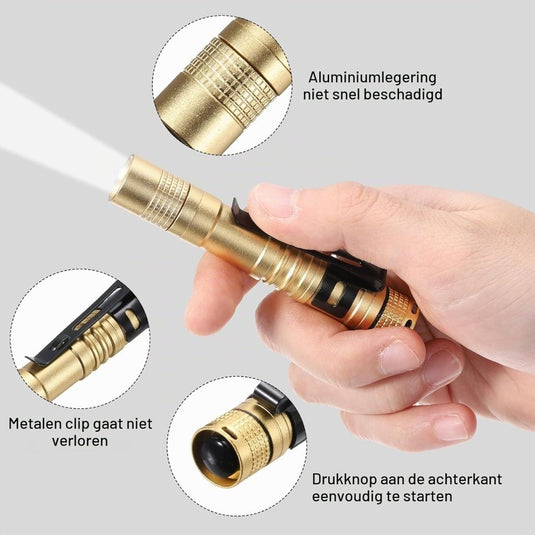 Mini LED zaklamp met clip 91 mm zwart – aluminium penlight – camping en outdoor accessoires - happygetfit.com