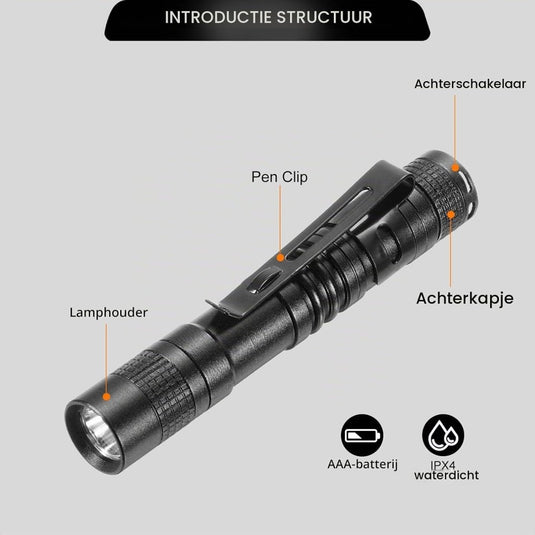 Mini LED zaklamp met clip 91 mm zwart – aluminium penlight – camping en outdoor accessoires - happygetfit.com