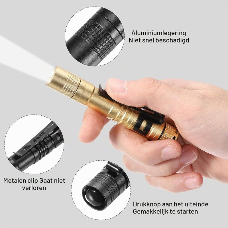 Laden Sie das Bild in Galerie -Viewer, Mini LED zaklamp met clip 91 mm zwart – aluminium penlight – camping en outdoor accessoires - happygetfit.com
