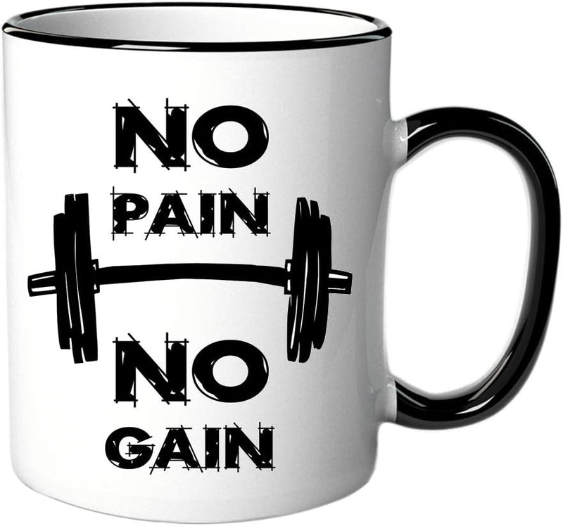 Laad afbeelding in Galerijviewer, Vaatwasserbestendige witte mok met zwarte rand en handvat, met een barbell-afbeelding en de tekst &quot;No Pain No Gain&quot;. Omarm de ideale start van uw dag met de &quot;No Pain No Gain&quot; keramische mok!.

