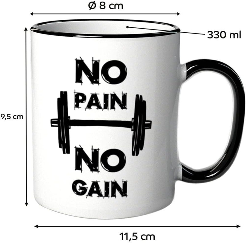 Laad afbeelding in Galerijviewer, Ervaar de perfecte start van uw dag met de witte &quot;No Pain No Gain&quot; keramische mok met een barbell-ontwerp, zwarte rand en handvat. Hij is magnetron- en vaatwasserbestendig, heeft een inhoud van 330 ml en is 8 cm in diameter, 9,5 cm hoog en 11,5 cm breed.
