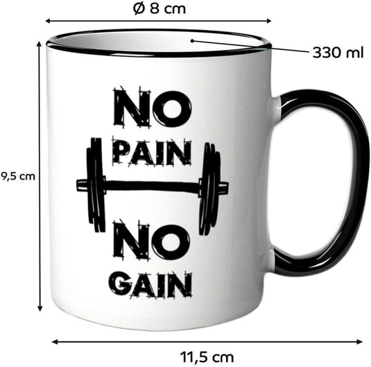 Ervaar de perfecte start van uw dag met de witte "No Pain No Gain" keramische mok met een barbell-ontwerp, zwarte rand en handvat. Hij is magnetron- en vaatwasserbestendig, heeft een inhoud van 330 ml en is 8 cm in diameter, 9,5 cm hoog en 11,5 cm breed.