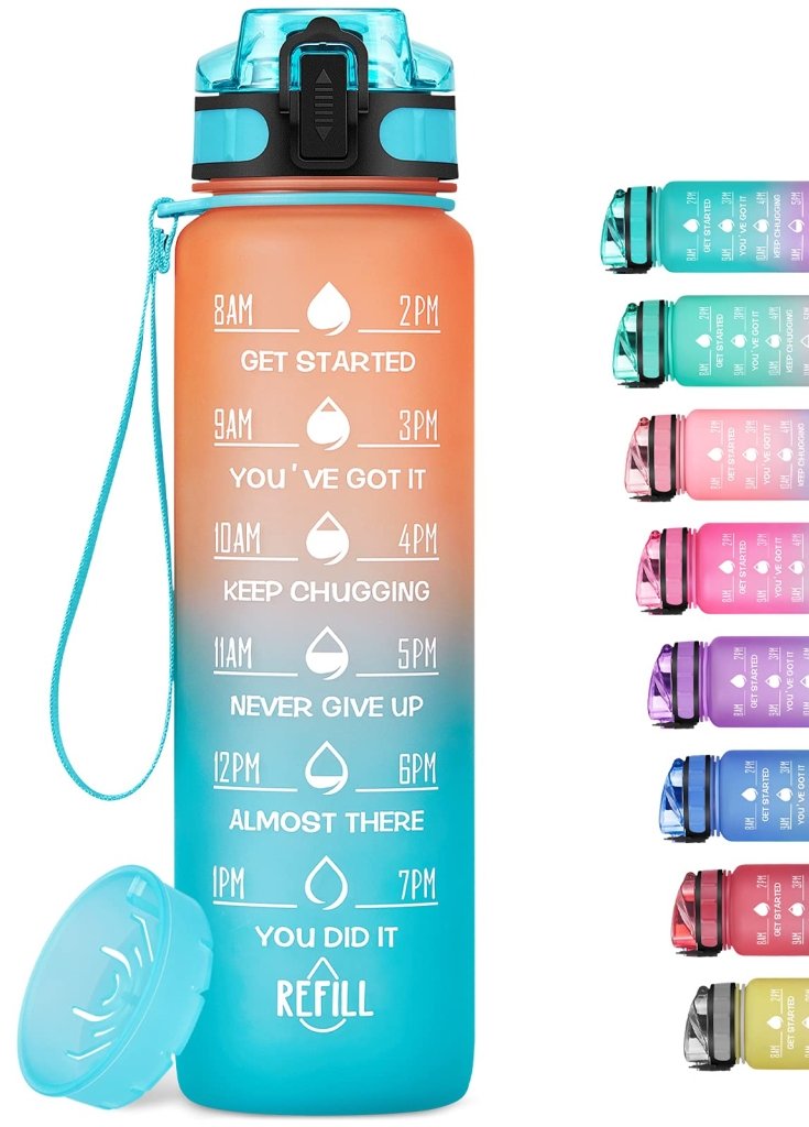 Load image into Gallery viewer, Motivational Water Bottle with Time Marker and Fruit Strainer, Leak-Proof, BPA Free, Non-Toxic, with Carrying Strap, Perfect for Fitness, Gym and Sports - happygetfit.com
