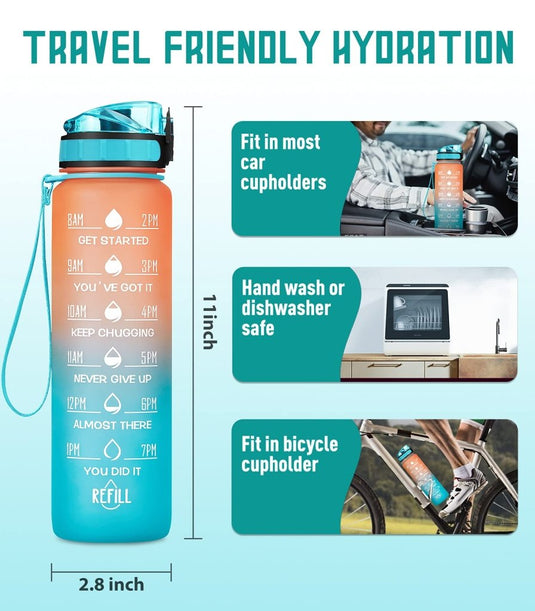 Motivational Water Bottle with Time Marker and Fruit Strainer, Leak-Proof, BPA Free, Non-Toxic, with Carrying Strap, Perfect for Fitness, Gym and Sports - happygetfit.com
