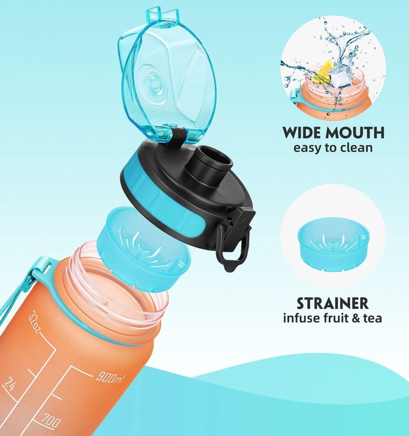 Load image into Gallery viewer, Motivational Water Bottle with Time Marker and Fruit Strainer, Leak-Proof, BPA Free, Non-Toxic, with Carrying Strap, Perfect for Fitness, Gym and Sports - happygetfit.com
