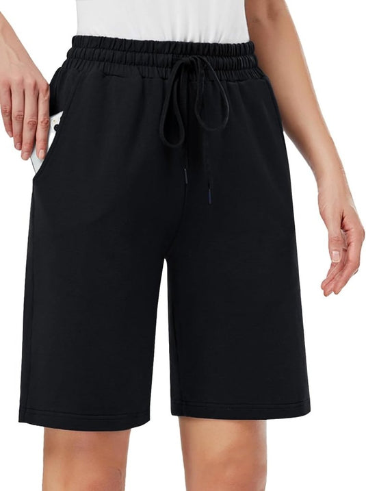 MOVE BEYOND Bermudashort voor dames, 36 cm lang, 3 zakken, atletische yoga, gym, sweatshorts met trekkoord, lounge, slaapshorts - happygetfit.com