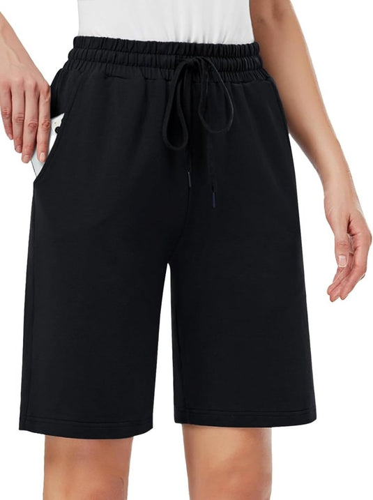 MOVE BEYOND Bermudashort voor dames, 36 cm lang, 3 zakken, atletische yoga, gym, sweatshorts met trekkoord, lounge, slaapshorts - happygetfit.com