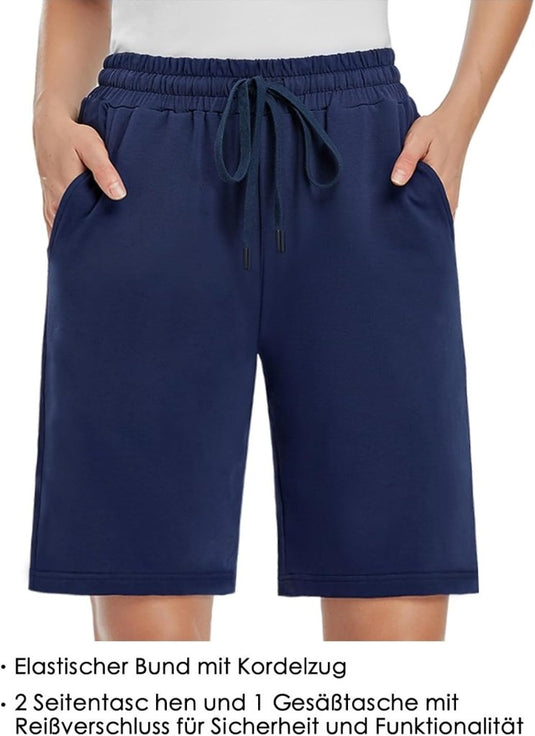 MOVE BEYOND Bermudashort voor dames, 36 cm lang, 3 zakken, atletische yoga, gym, sweatshorts met trekkoord, lounge, slaapshorts - happygetfit.com