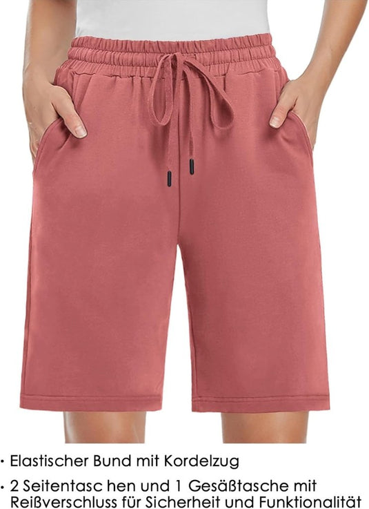 MOVE BEYOND Bermudashort voor dames, 36 cm lang, 3 zakken, atletische yoga, gym, sweatshorts met trekkoord, lounge, slaapshorts - happygetfit.com