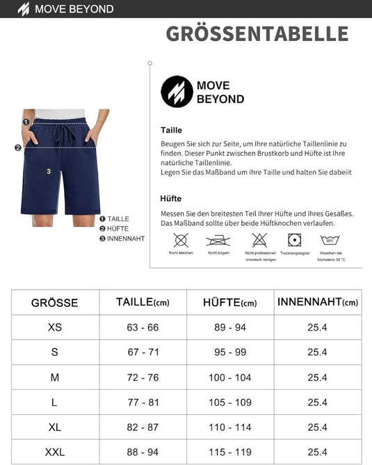 MOVE BEYOND Bermudashort voor dames, 36 cm lang, 3 zakken, atletische yoga, gym, sweatshorts met trekkoord, lounge, slaapshorts - happygetfit.com