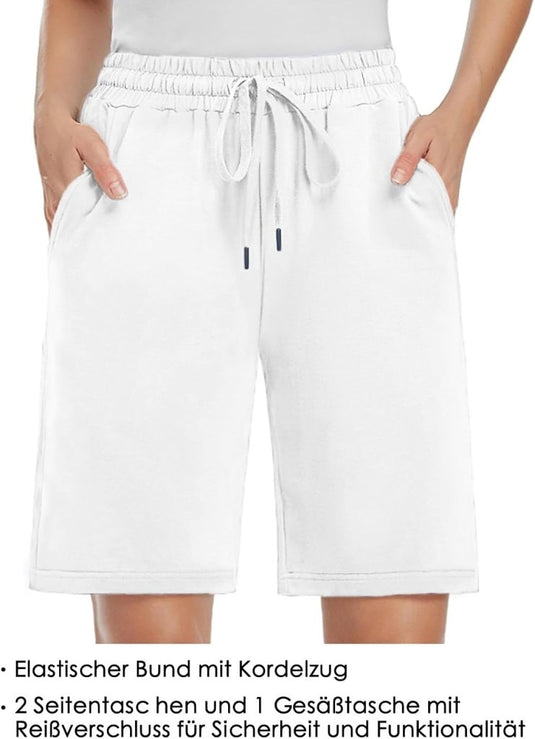 MOVE BEYOND Bermudashort voor dames, 36 cm lang, 3 zakken, atletische yoga, gym, sweatshorts met trekkoord, lounge, slaapshorts - happygetfit.com