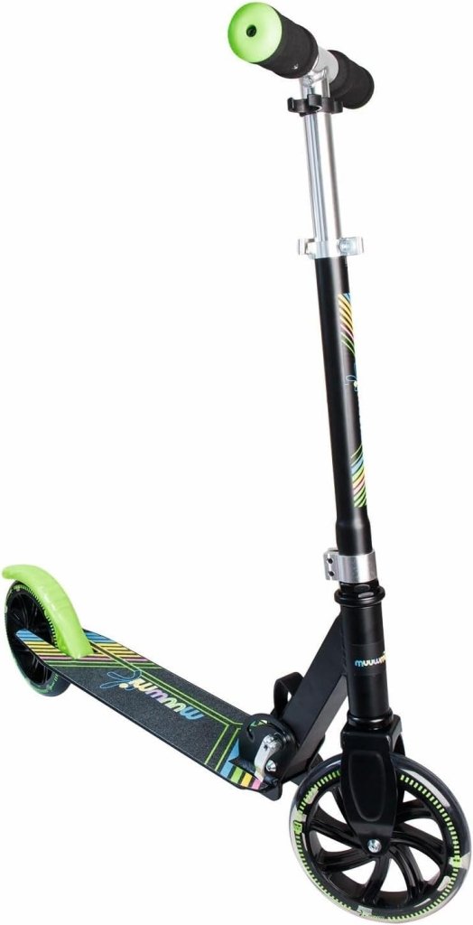Load image into Gallery viewer, muuwmi Aluminium step Neon – step, 180 mm, ABEC 5, GS-getest, in hoogte verstelbaar, wielen met ledverlichting, groen-zwart - happygetfit.com
