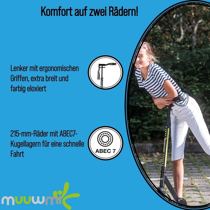 Load image into Gallery viewer, muuwmi Aluminium step Neon – step, 180 mm, ABEC 5, GS-getest, in hoogte verstelbaar, wielen met ledverlichting, groen-zwart - happygetfit.com
