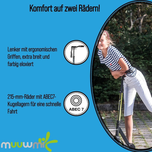 muuwmi Aluminium step Neon – step, 180 mm, ABEC 5, GS-getest, in hoogte verstelbaar, wielen met ledverlichting, groen-zwart - happygetfit.com