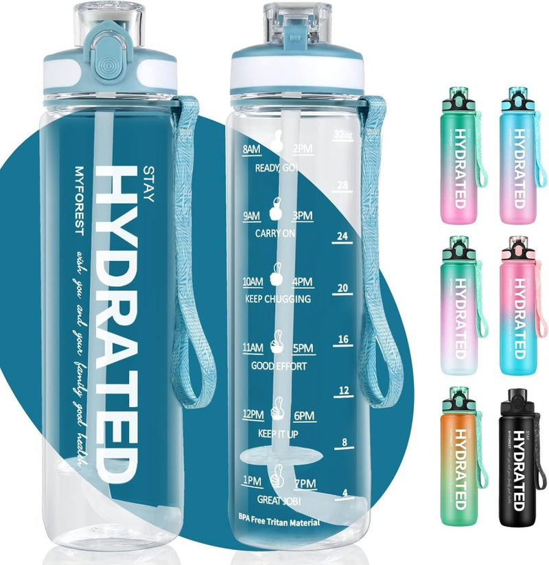 Load image into Gallery viewer, MYFOREST Tritan waterfles, grote tuit voor slok/verwijderbaar rietje voor slok, Anti-kras tijdmarkering voor motiverende hydratatie, valbestendig/BPA-vrij - happygetfit.com
