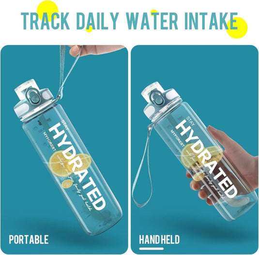 MYFOREST Tritan waterfles, grote tuit voor slok/verwijderbaar rietje voor slok, Anti-kras tijdmarkering voor motiverende hydratatie, valbestendig/BPA-vrij - happygetfit.com