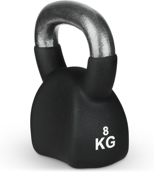 De Neopreen gietijzeren kettlebell in de kleur zwart, met een gewicht van 8 kg en een zilveren handvat, is ideaal voor krachttraining en spierontwikkeling.