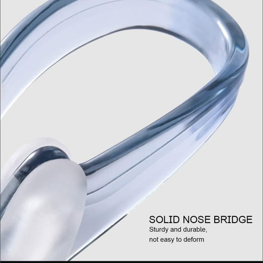 Close-up van een solide, transparant blauw neusbrugontwerp. De tekst luidt: "Solide neusbrug. Stevig en duurzaam, niet gemakkelijk te vervormen." Perfect voor zwembescherming met Siliconen neusclips voor comfort en veiligheid.