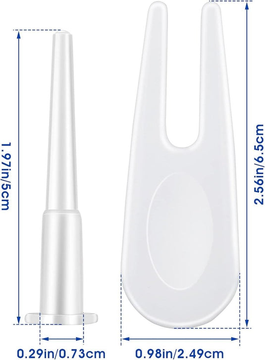 Deze twee witte plastic haringen zijn gemaakt van duurzaam materiaal en meten 5 cm bij 0,29 cm en 6,5 cm bij 2,49 cm, perfect voor gebruik in de 