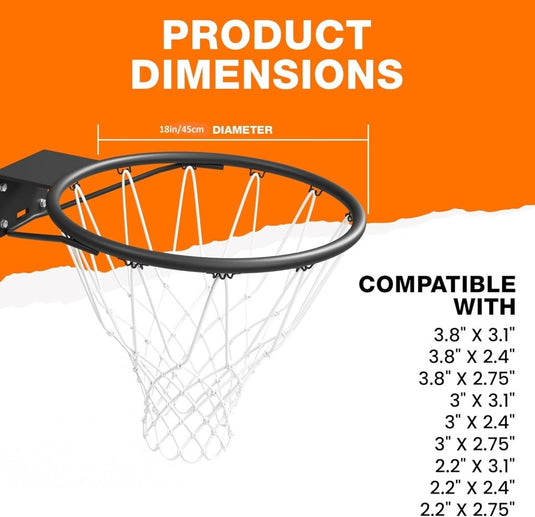 Officiële maat (45 cm) basketbal ring, net en muurbevestiging creolen. Geschikt voor volwassenen en kinderen - happygetfit.com
