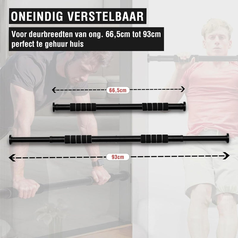Laad afbeelding in Galerijviewer, Twee afbeeldingen tonen een &quot;Optrekstang voor je deurkozijn&quot; met antisliphandgrepen, met verstelbare breedtes van 66,5 cm tot 93 cm. Ideaal voor verhuur, twee mannen op de achtergrond demonstreren het eenvoudige gebruik op een optrekstang deurkozijn zonder schroeven.
