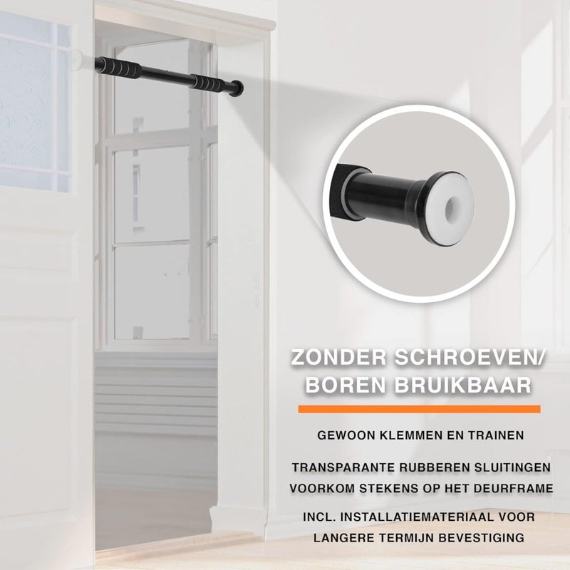 Laad afbeelding in Galerijviewer, De Optrekstang voor je deurkozijn is een verstelbare zwarte optrekstang met antislip handgrepen en transparante rubberen sluitingen, ontworpen voor deuropeningen. Er zijn geen schroeven of boren nodig, waardoor het perfect is voor gemakkelijke trainingen.

