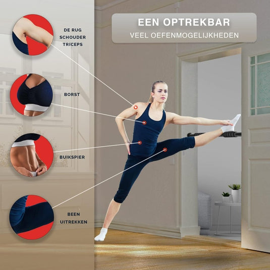 Een vrouw strekt haar been op een barre in een kamer met een diagram dat de beoogde spieren laat zien: rug, schouders, triceps, borst, buikspieren en benen. De Nederlandse tekst beschrijft veelzijdige oefeningen met behulp van de Optrekstang voor je deurkozijn voor verbeterde stabiliteit met verstelbare antislipfuncties.