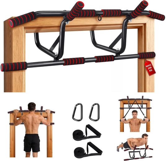 Optrekstang voor deurkozijn zonder boren met meerdere gripposities rood – pull-up bar – krachttraining - happygetfit.com