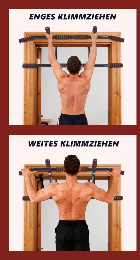 Load image into Gallery viewer, Optrekstang voor deurkozijn zonder boren met meerdere gripposities rood – pull-up bar – krachttraining - happygetfit.com
