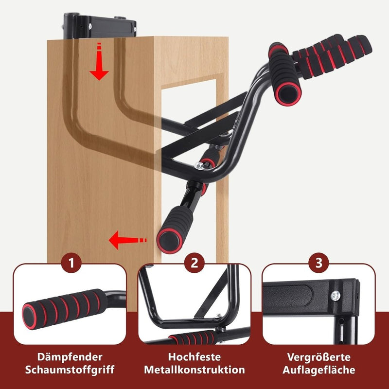 Load image into Gallery viewer, Optrekstang voor deurkozijn zonder boren met meerdere gripposities rood – pull-up bar – krachttraining - happygetfit.com
