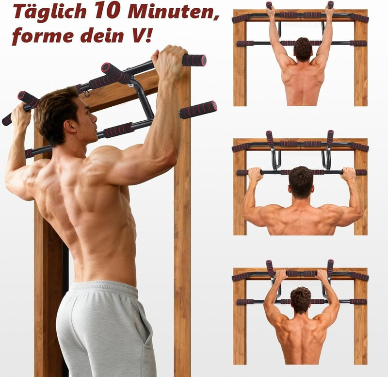 Load image into Gallery viewer, Optrekstang voor deurkozijn zonder boren met meerdere gripposities rood – pull-up bar – krachttraining - happygetfit.com
