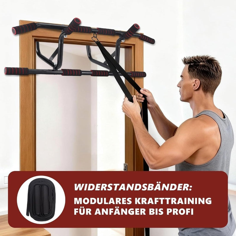 Load image into Gallery viewer, Optrekstang voor deurkozijn zonder boren met meerdere gripposities rood – pull-up bar – krachttraining - happygetfit.com
