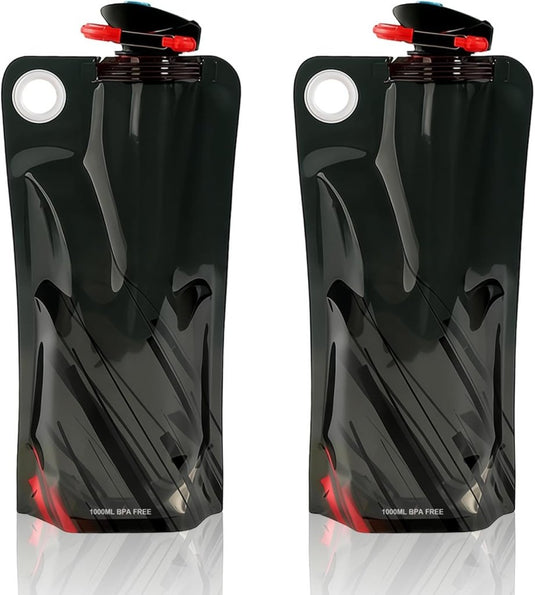 Opvouwbare drinkflessen 2 stuks van 1000 ml met karabijnhaak van BPA-vrij kunststof voor wandelen fietsen en kamperen – waterzakken – reisdrinkflessen - happygetfit.com