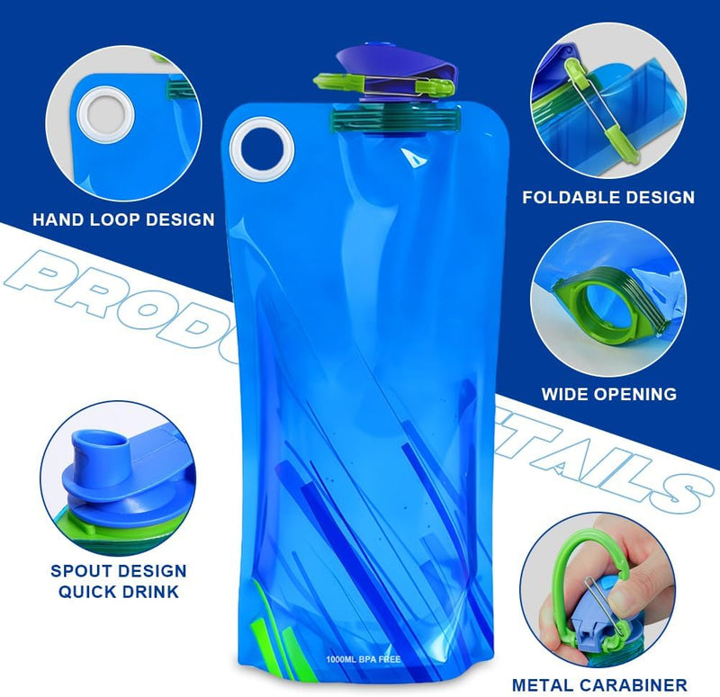 Charger l’image dans la visionneuse de galerie, Opvouwbare drinkflessen 2 stuks van 1000 ml met karabijnhaak van BPA-vrij kunststof voor wandelen fietsen en kamperen – waterzakken – reisdrinkflessen - happygetfit.com
