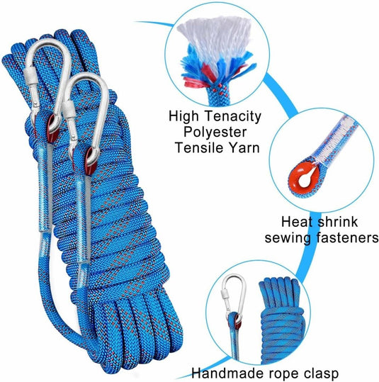 Outdoor touw 10 m x 10 mm met 2 karabijnhaken – polyester touw voor camping en buitengebruik - happygetfit.com