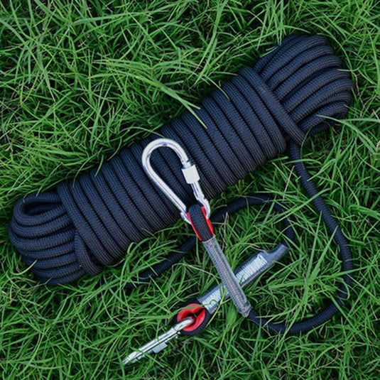 Outdoor touw 10 m x 8 mm – gevlochten touw met 2 karabijnhaken voor camping en wandelen - happygetfit.com