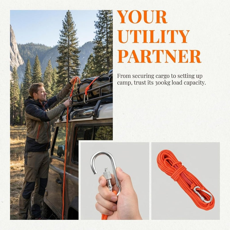 Chargez l'image dans la visionneuse de la galerie, Outdoor touw 20 m x 6 mm – gevlochten polypropyleen met karabijnhaak voor camping en vissen - happygetfit.com
