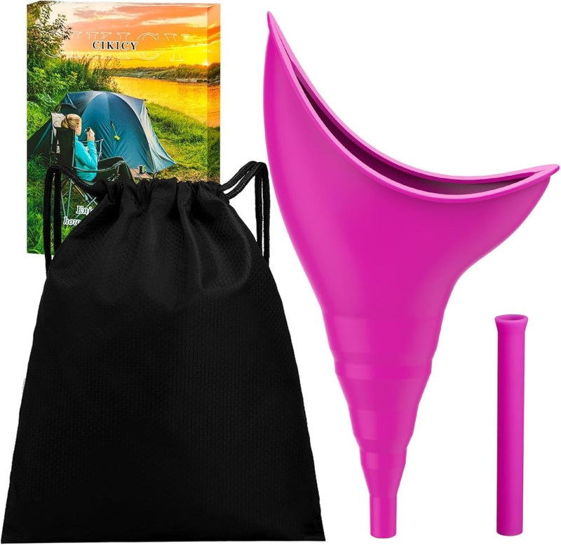 Laad afbeelding in Galerijviewer, De set Multifunctioneel reisurinoir voor vrouwen, verpakt in een charmant kampeertafereel, bevat een roze plastrechter, draagtas en verlengbuis. Dit handig handig hulpmiddel zorgt voor gemak en hygiëne voor vrouwen onderweg.
