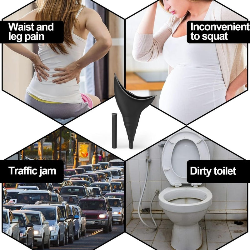 Laad afbeelding in Galerijviewer, Een collage toont vier scenario&#39;s: een vrouw met pijn in de taille, een zwangere vrouw, druk verkeer en een vies toilet; allemaal uitgelicht de Multifunctioneel reisurinoir voor vrouwen - Handige draagbare plastrechter.
