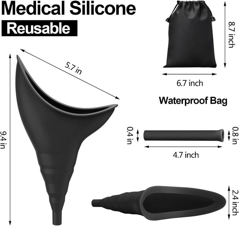 Laad afbeelding in Galerijviewer, Het multifunctionele reisurinoir voor vrouwen, een handige draagbare plastrechter gemaakt van medische siliconen, is 24 x 14,5 cm groot met een verlenging van 12 cm, wordt geleverd in een waterdichte tas van 17 x 22 cm en is dankzij het herbruikbare ontwerp van zwarte siliconen perfect voor avontuurlijk gebruik.
