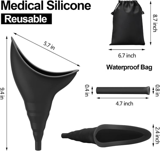 Het multifunctionele reisurinoir voor vrouwen, een handige draagbare plastrechter gemaakt van medische siliconen, is 24 x 14,5 cm groot met een verlenging van 12 cm, wordt geleverd in een waterdichte tas van 17 x 22 cm en is dankzij het herbruikbare ontwerp van zwarte siliconen perfect voor avontuurlijk gebruik.